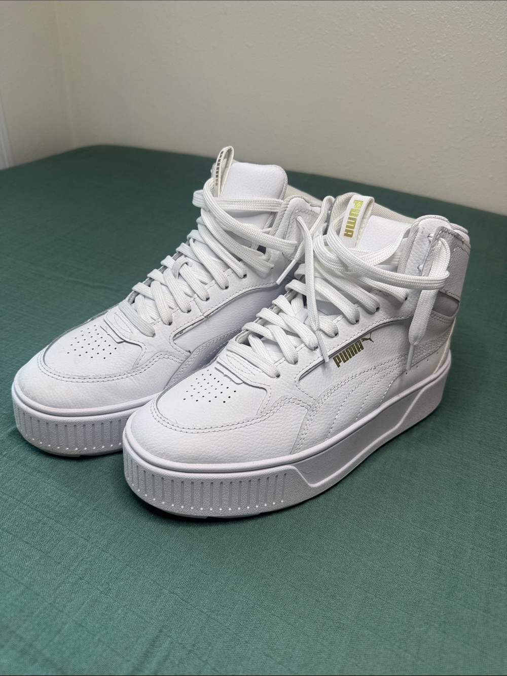 Puma White High-Top Platform Sneakers with Gold Accent - Picture 2 of 11